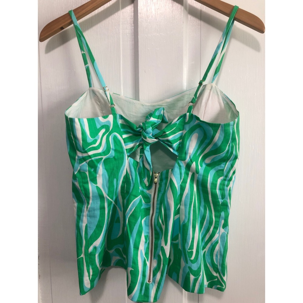 Lilly Pulitzer Green Blue Swirl Print Cami Top Sweetheart Neck Tie Back Size 10 - Picture 3 of 6